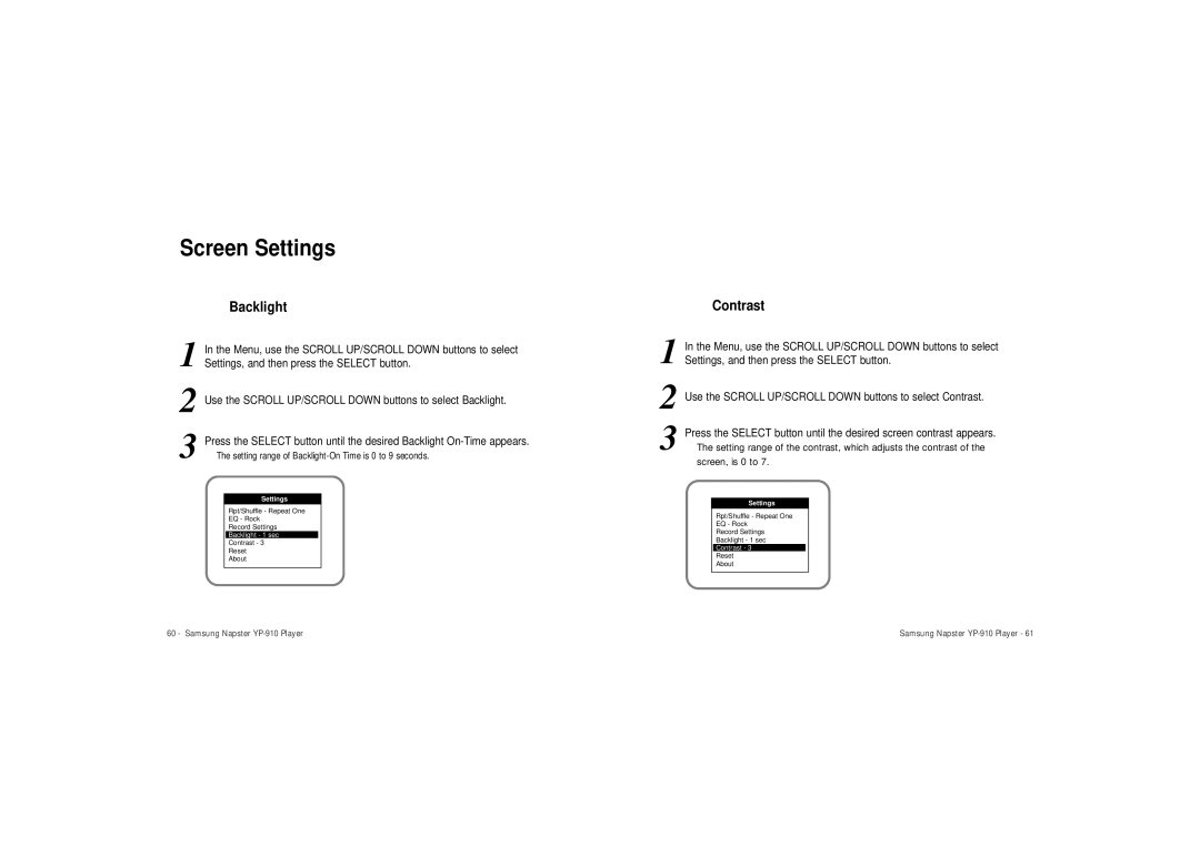 Samsung YP-910 user manual Screen Settings, Backlight, Contrast 