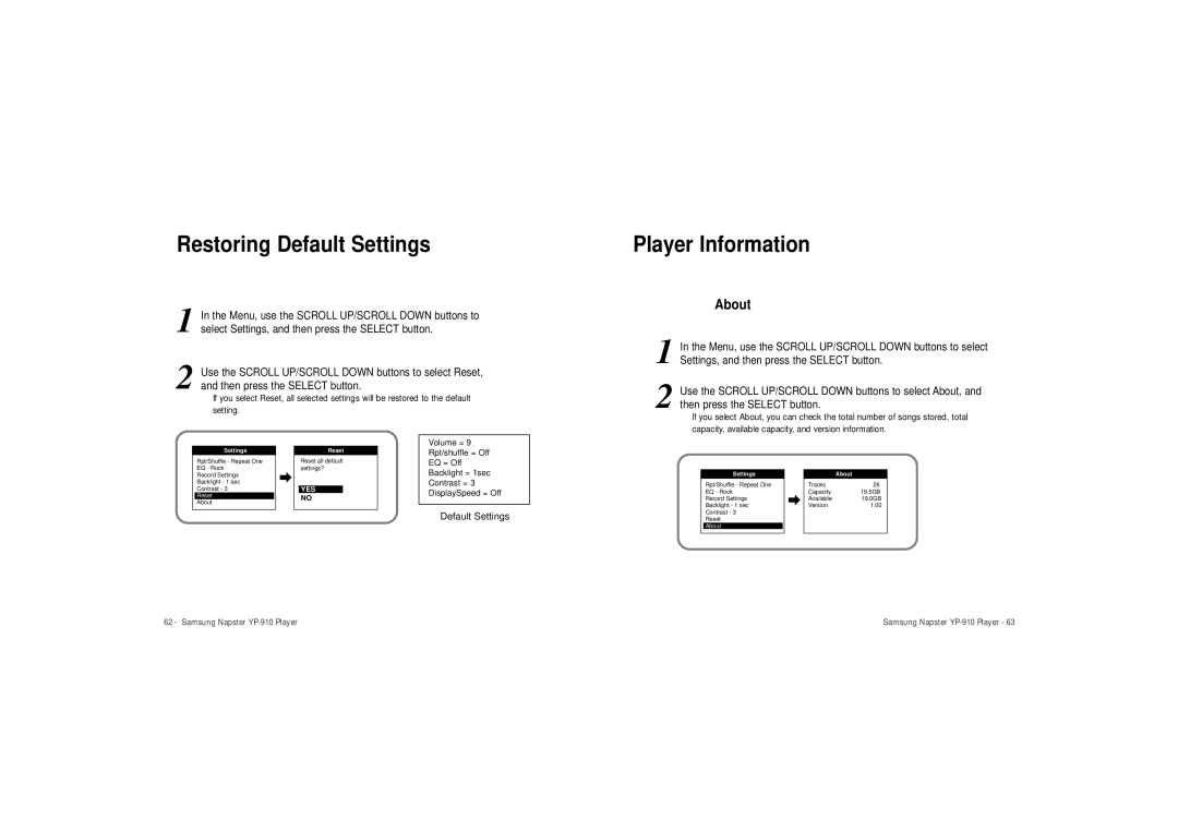 Samsung YP-910 user manual Restoring Default Settings, Player Information, About 