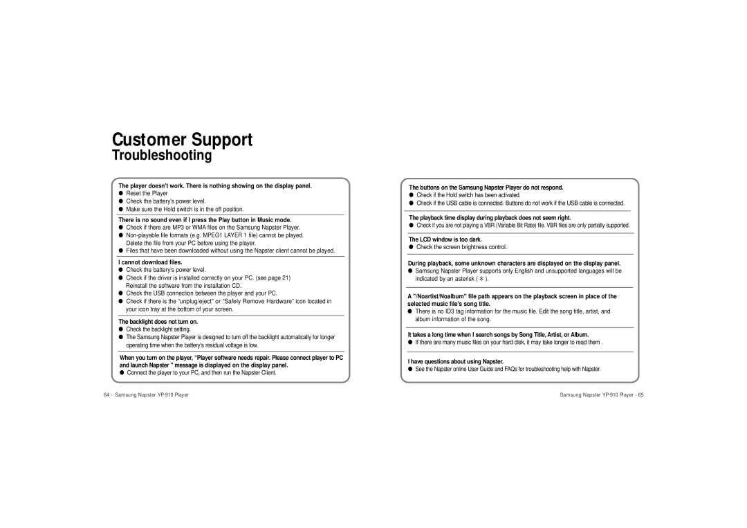 Samsung YP-910 user manual Customer Support, Troubleshooting 