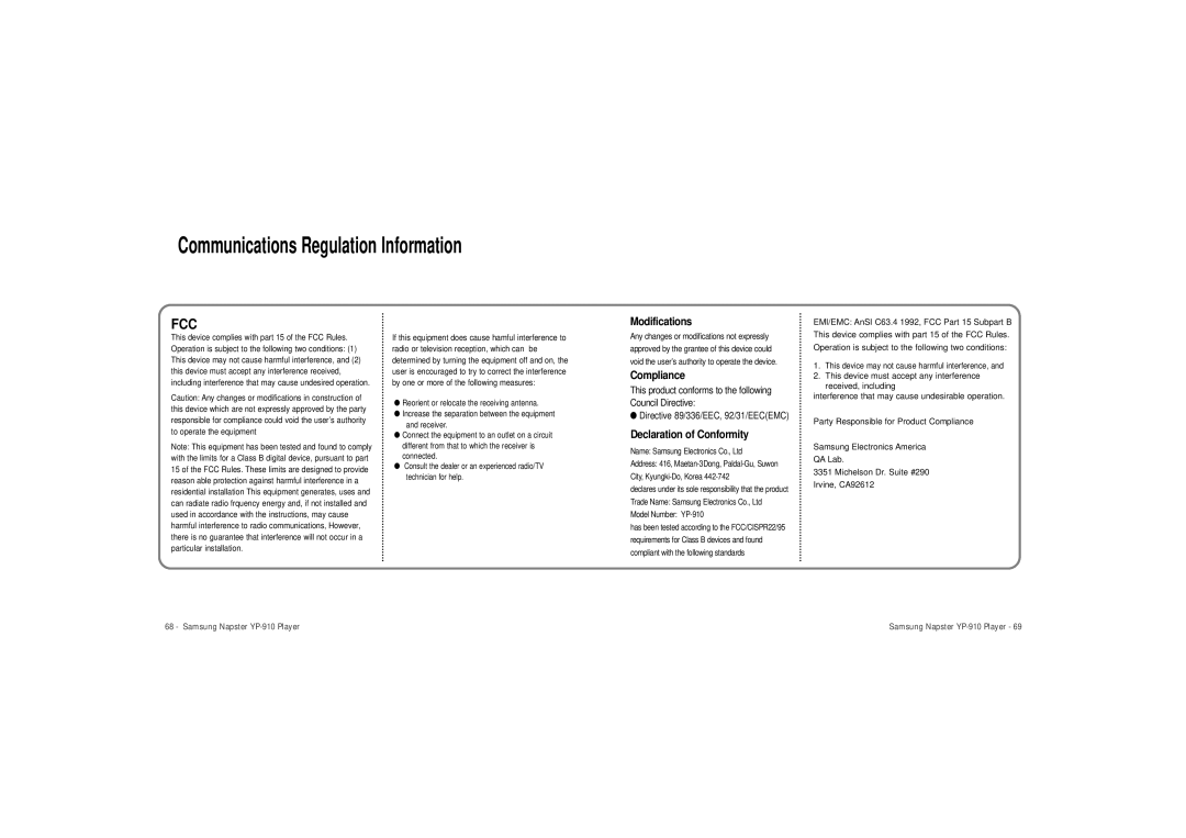 Samsung YP-910 user manual Communications Regulation Information 