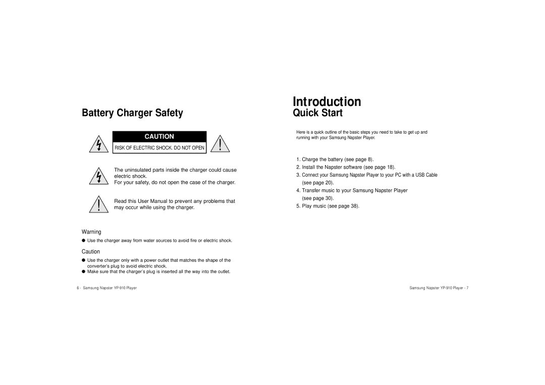 Samsung YP-910 user manual Battery Charger Safety, Quick Start 