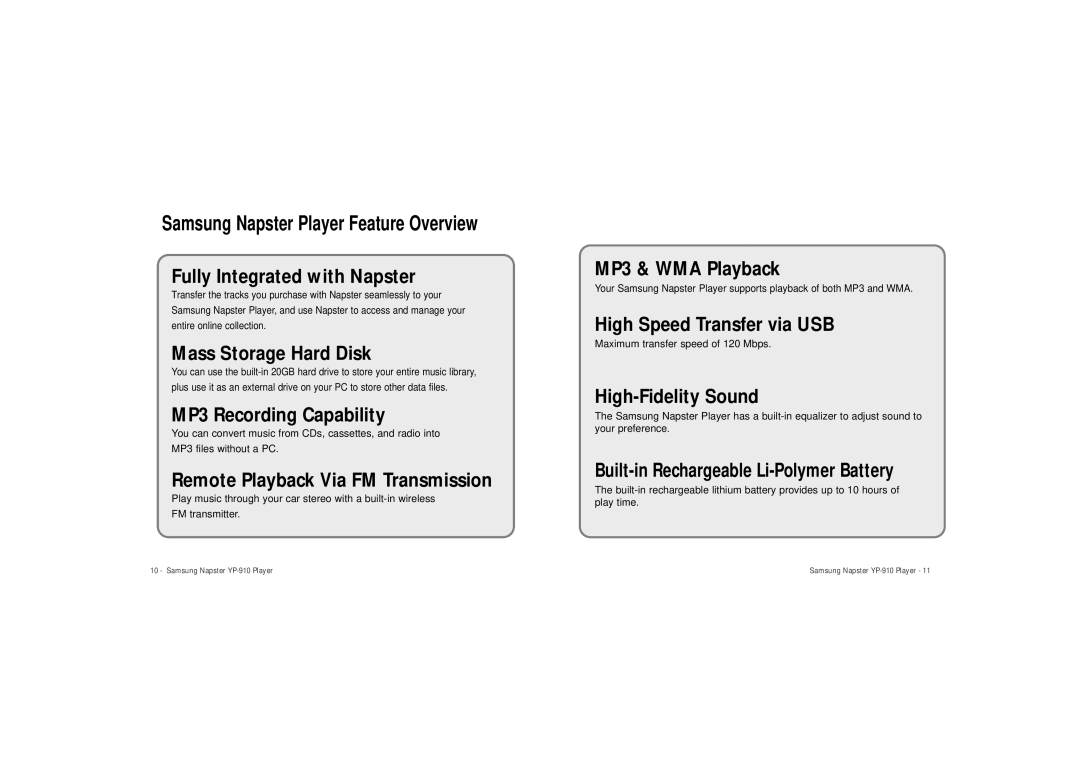 Samsung YP-910 user manual MP3 Recording Capability 