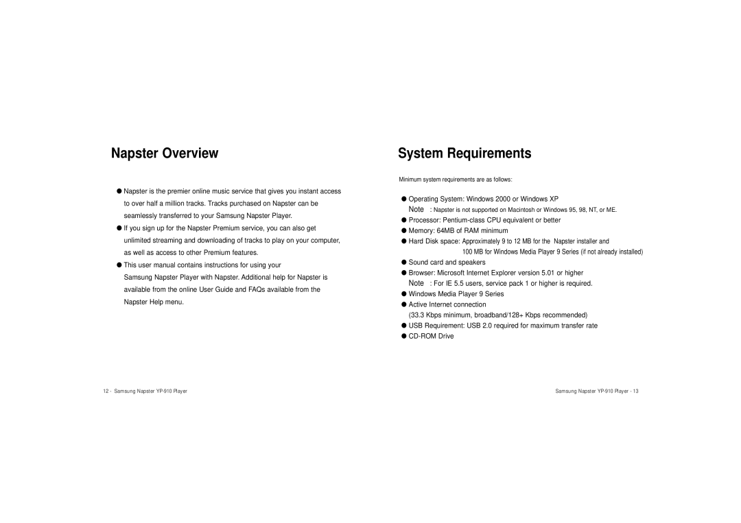 Samsung YP-910 user manual Napster Overview, System Requirements 