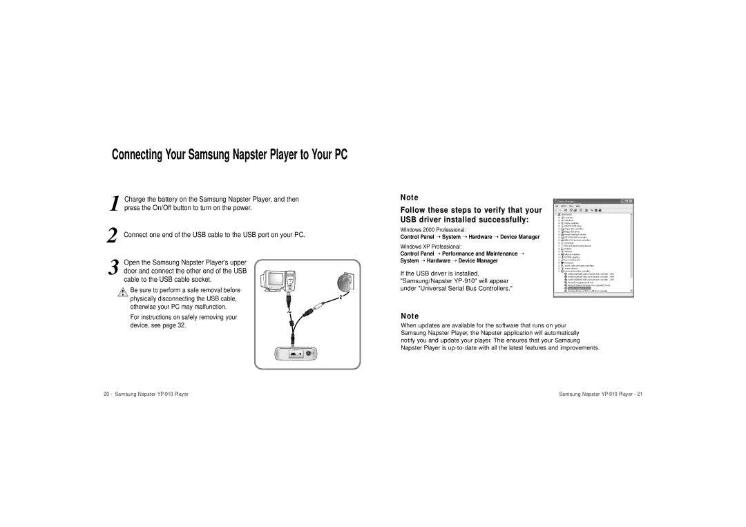 Samsung YP-910GS/XAA manual Connecting Your Samsung Napster Player to Your PC 