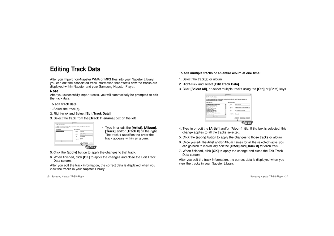 Samsung YP-910GS/XAA manual Editing Track Data, To edit track data, To edit multiple tracks or an entire album at one time 