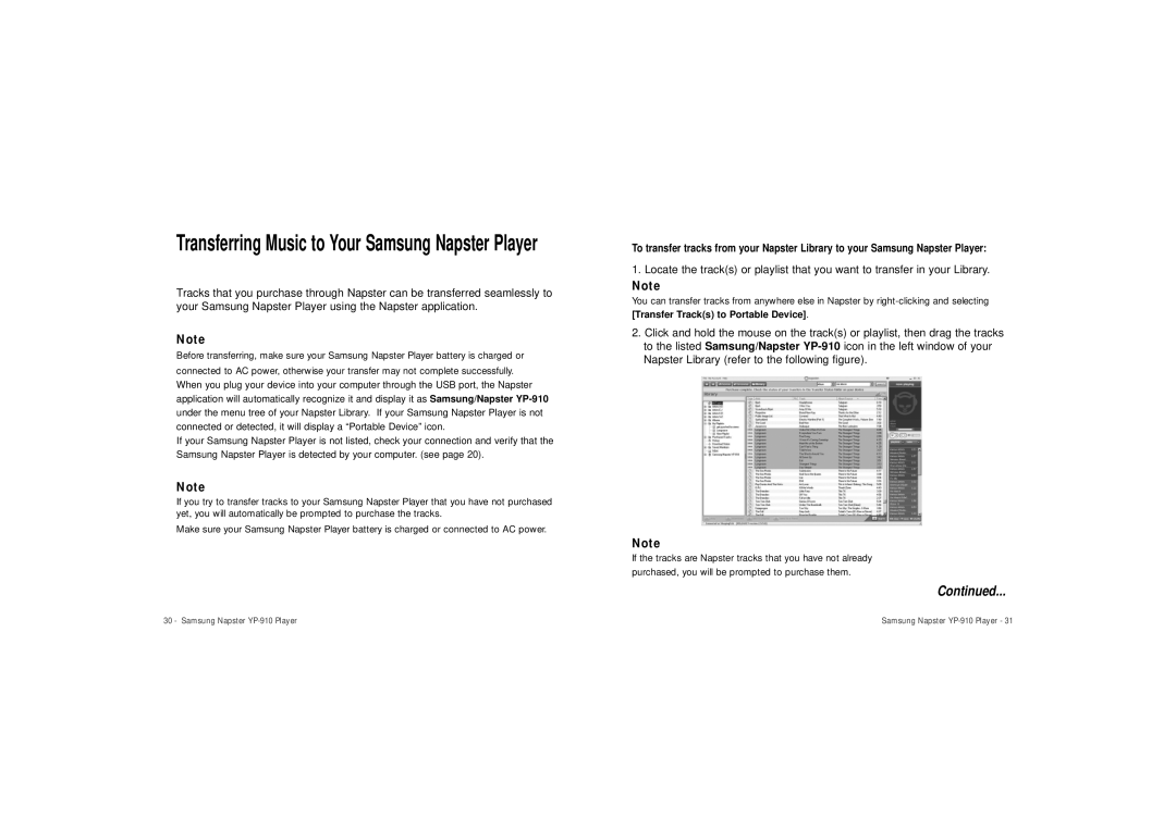 Samsung YP-910GS/XAA manual Transferring Music to Your Samsung Napster Player 