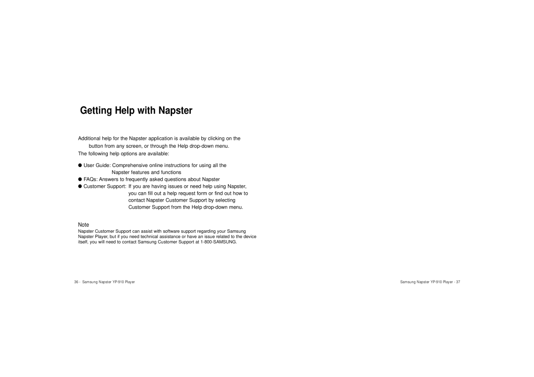 Samsung YP-910GS/XAA manual Getting Help with Napster 