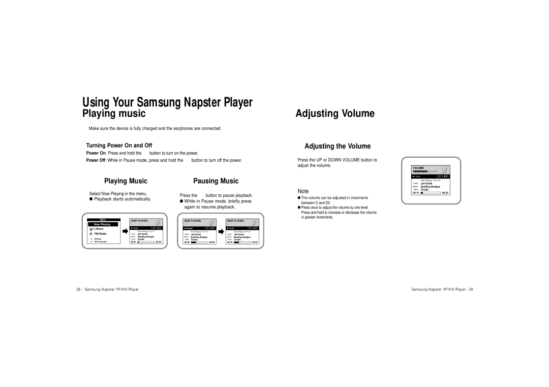 Samsung YP-910GS/XAA manual Playing music, Adjusting Volume, Turning Power On and Off 