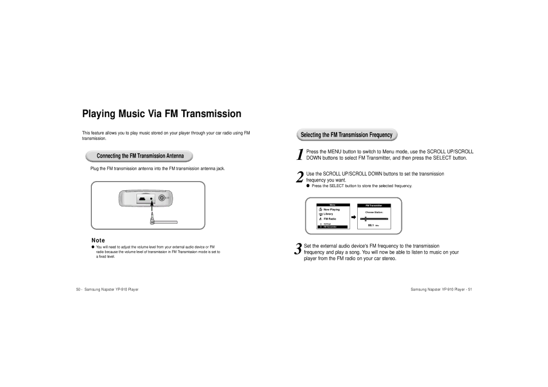 Samsung YP-910GS/XAA manual Playing Music Via FM Transmission, Selecting the FM Transmission Frequency 