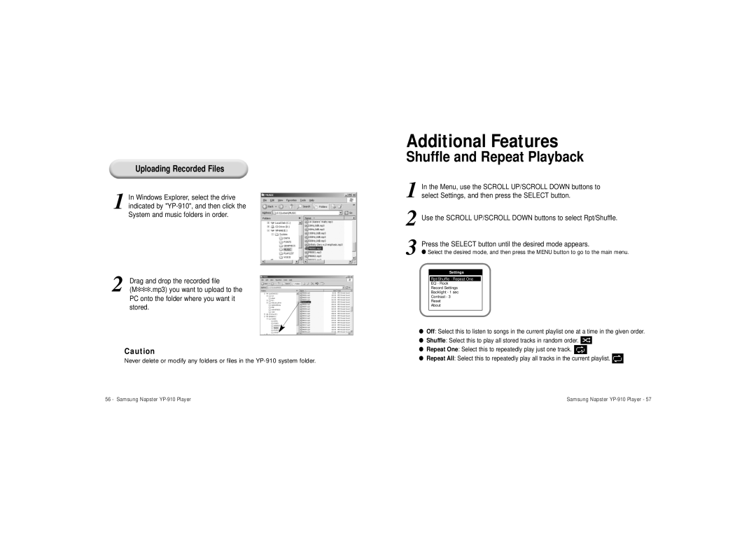 Samsung YP-910GS/XAA manual Shuffle and Repeat Playback, Uploading Recorded Files 