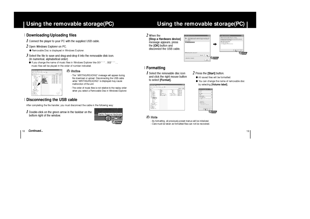 Samsung YP-C1X/XSV Using the removable storagePC, Downloading/Uploading files, Disconnecting the USB cable, Formatting 