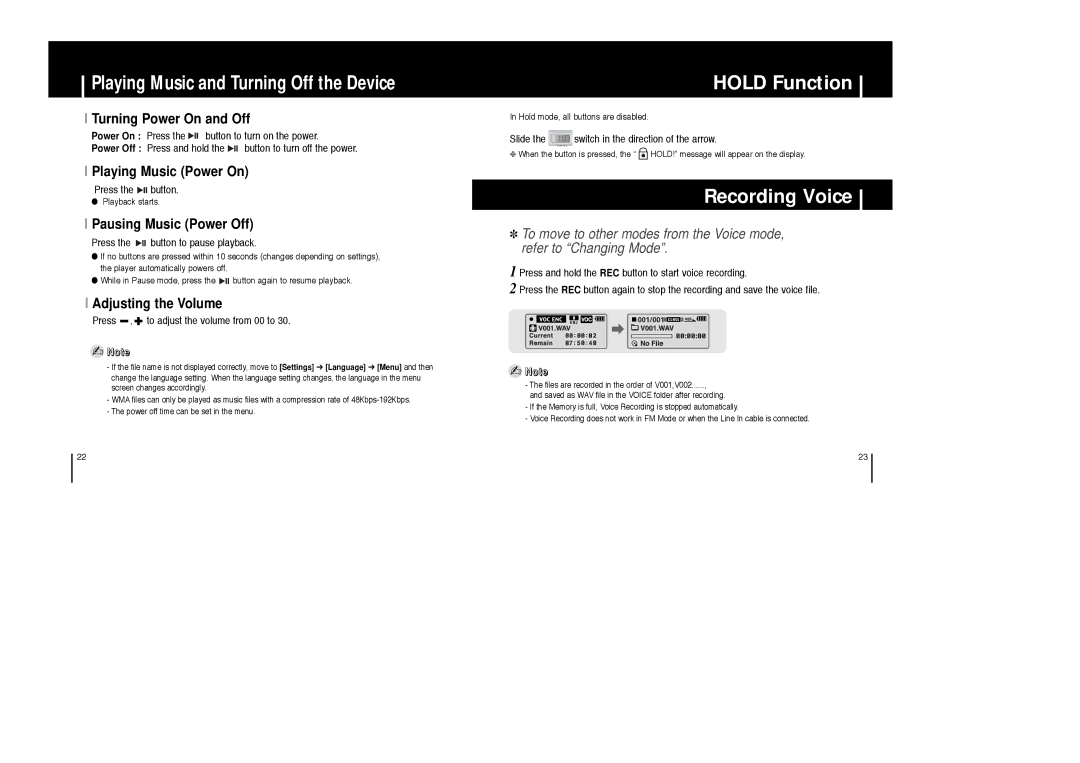 Samsung YP-C1V/XSV, YP-C1H/XSV, YP-C1X/XSV, YP-C1Z/XSV manual Hold Function, Recording Voice 