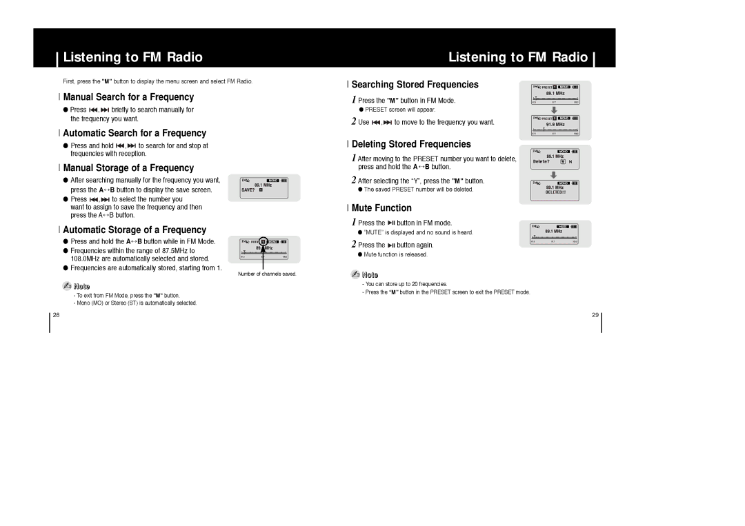 Samsung YP-C1Z/XSV, YP-C1V/XSV, YP-C1H/XSV, YP-C1X/XSV manual Listening to FM Radio 