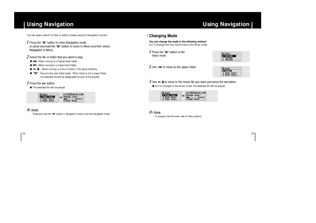 Samsung YP-C1H/XSV, YP-C1V/XSV, YP-C1X/XSV, YP-C1Z/XSV manual Using Navigation, Changing Mode 