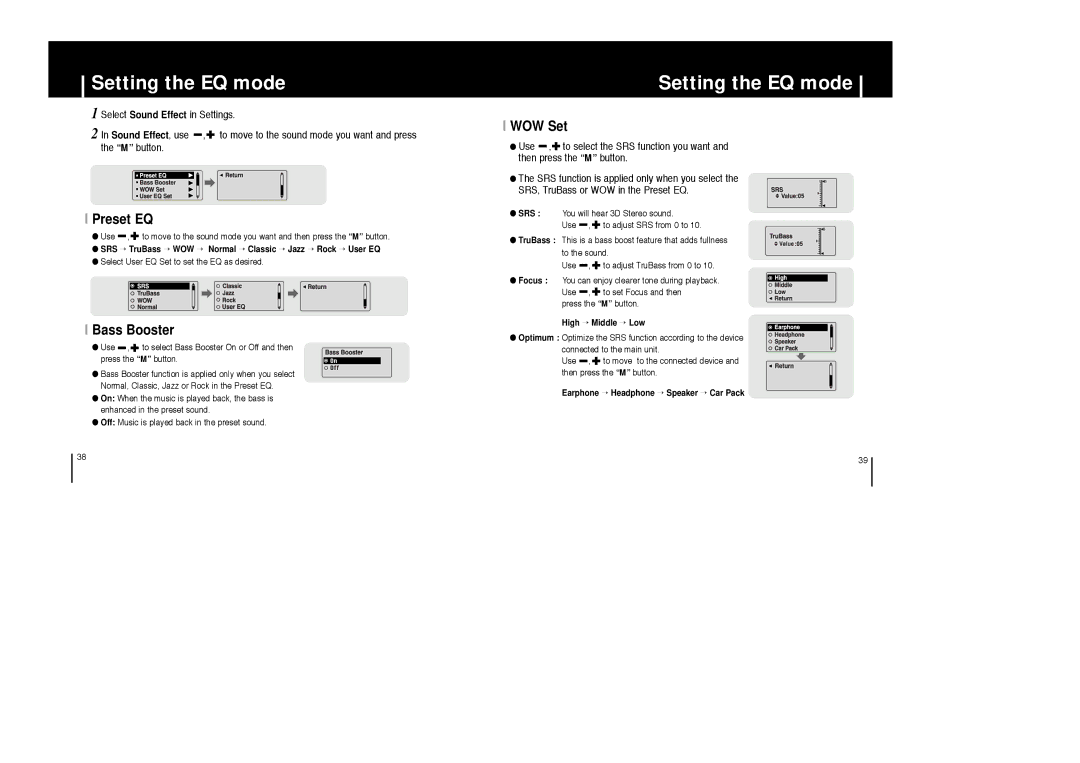 Samsung YP-C1V/XSV, YP-C1H/XSV, YP-C1X/XSV, YP-C1Z/XSV manual Setting the EQ mode, Preset EQ, Bass Booster, WOW Set 