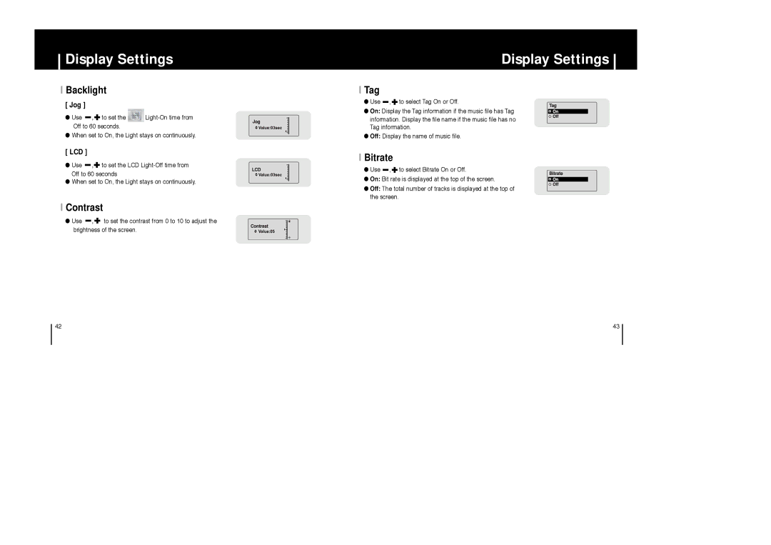 Samsung YP-C1X/XSV, YP-C1V/XSV, YP-C1H/XSV, YP-C1Z/XSV manual Backlight, Contrast, Tag, Bitrate 