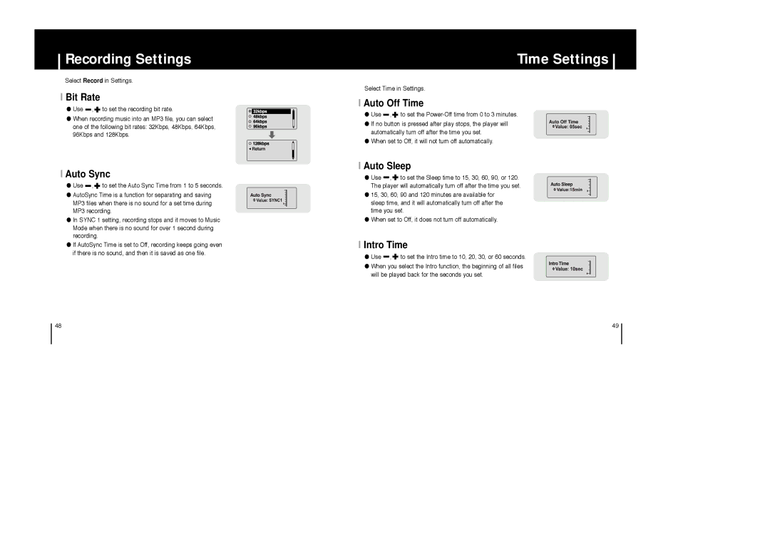 Samsung YP-C1H/XSV, YP-C1V/XSV, YP-C1X/XSV, YP-C1Z/XSV manual Recording Settings, Time Settings 