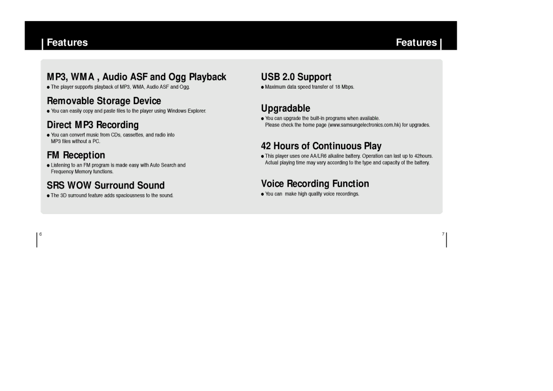 Samsung YP-C1V/XSV, YP-C1H/XSV, YP-C1X/XSV, YP-C1Z/XSV manual Features 