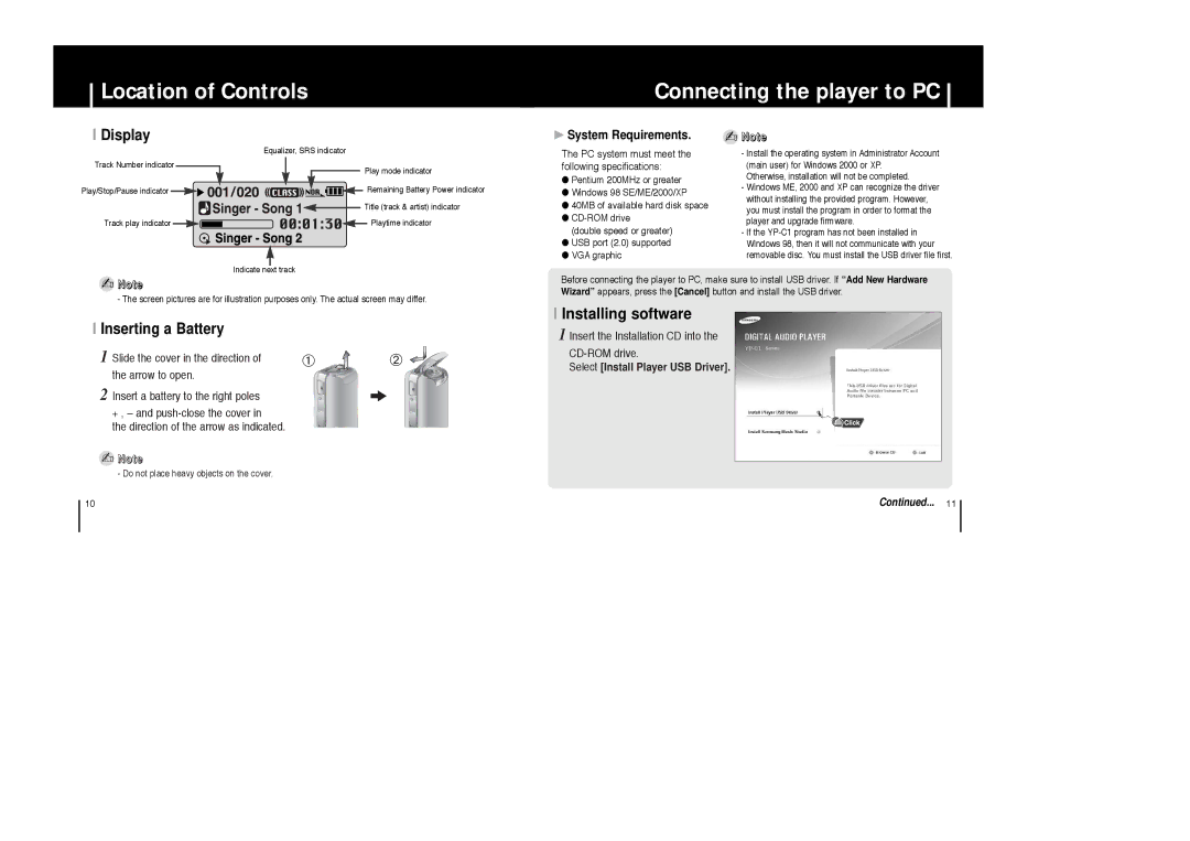 Samsung YP-C1X/XSV Location of Controls Connecting the player to PC, Display, Inserting a Battery, System Requirements 