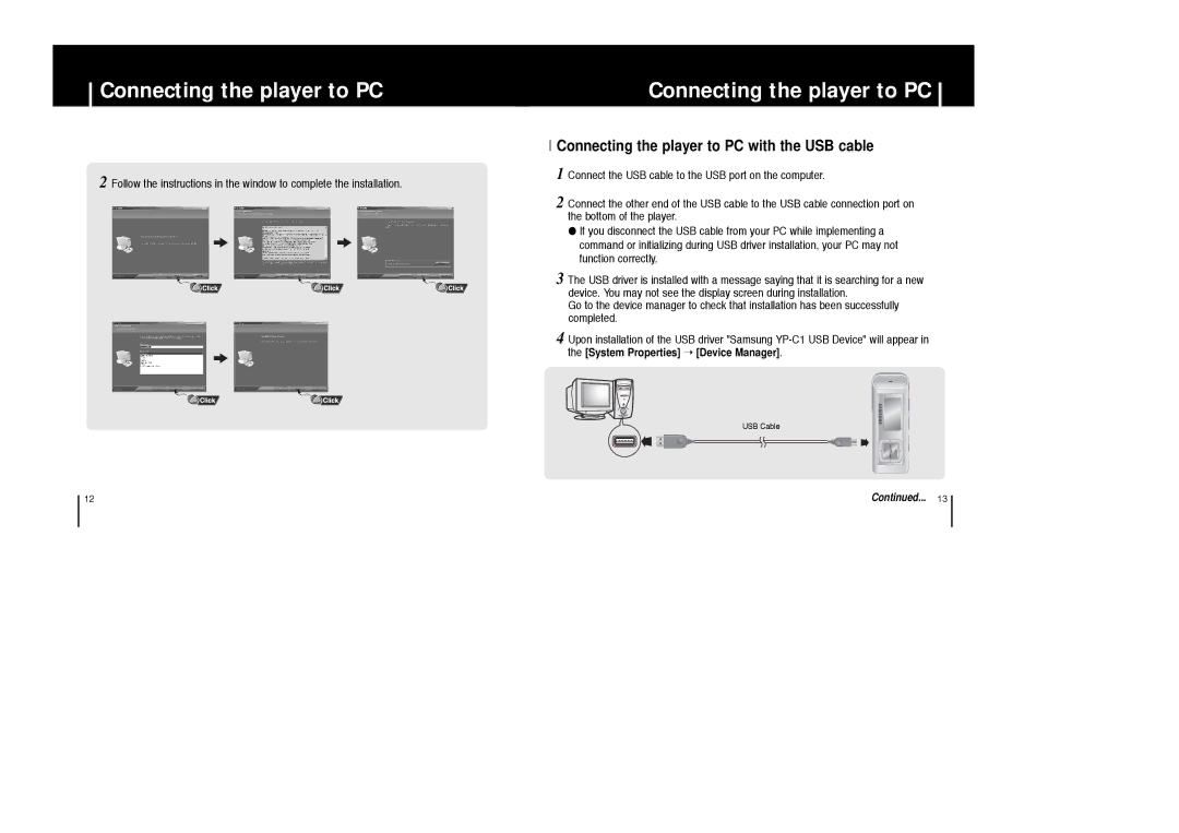 Samsung YP-C1Z/XSV, YP-C1V/XSV, YP-C1H/XSV, YP-C1X/XSV manual Connecting the player to PC with the USB cable 