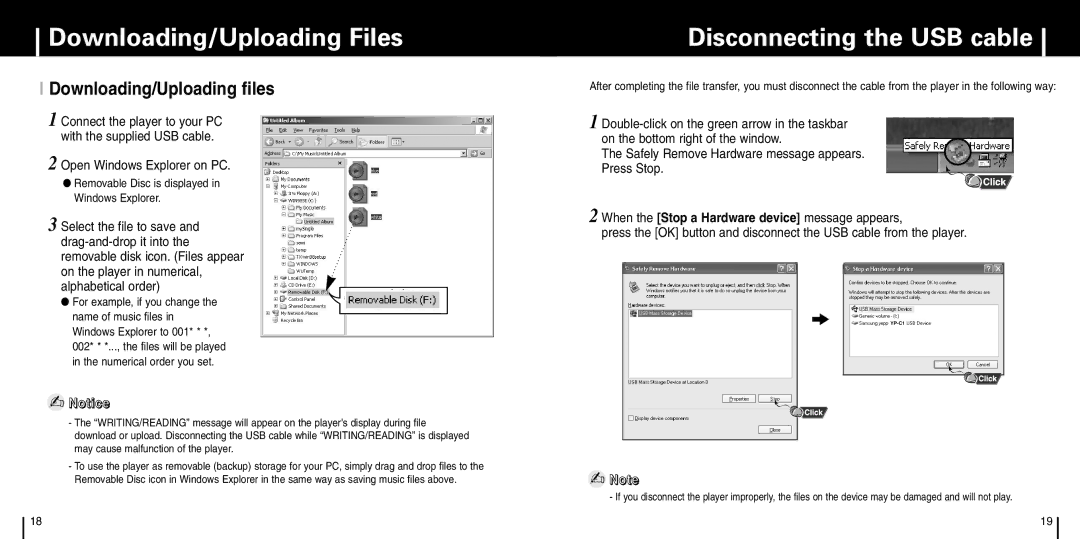 Samsung YP-C1X manual Downloading/Uploading Files, Disconnecting the USB cable, Downloading/Uploading files 