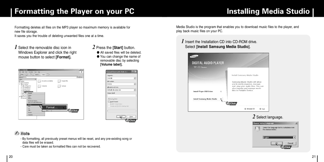 Samsung YP-C1X Formatting the Player on your PC, Installing Media Studio, Insert the Installation CD into CD-ROM drive 