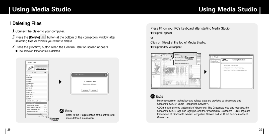 Samsung YP-C1X manual Press F1 on your PCs keyboard after starting Media Studio, Click on Help at the top of Media Studio 