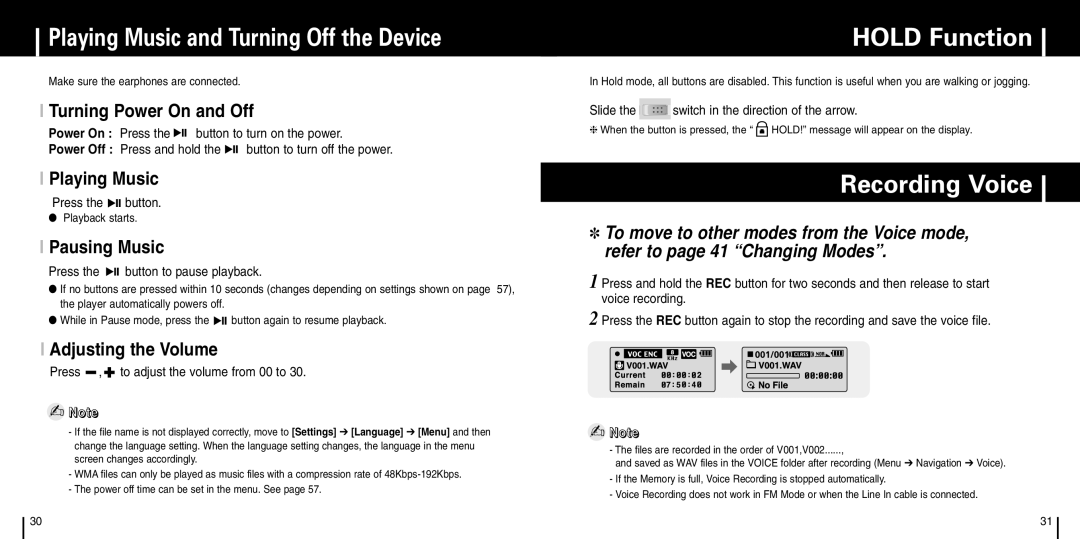 Samsung YP-C1X manual Playing Music and Turning Off the Device, Hold Function, Recording Voice 