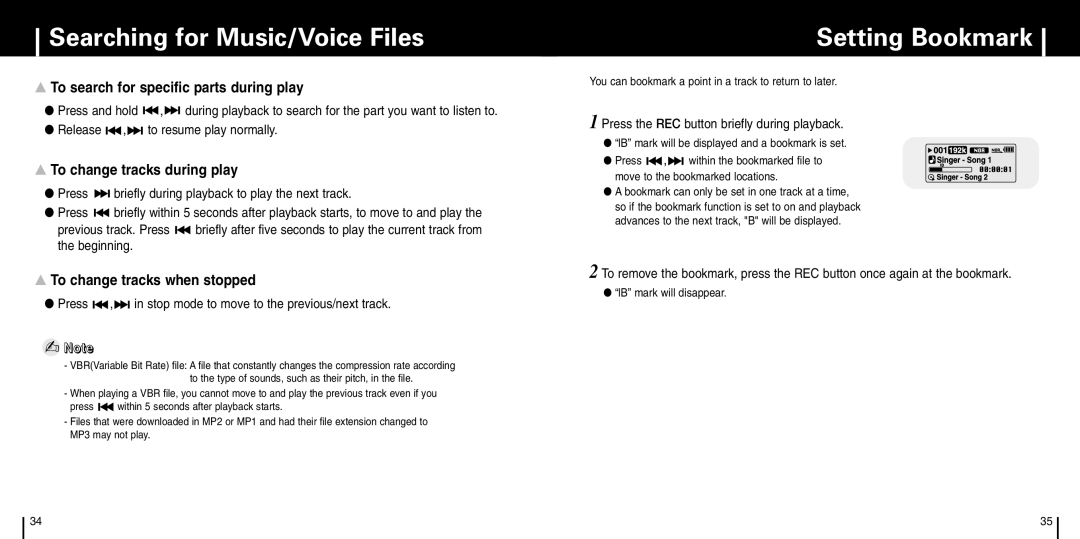 Samsung YP-C1X manual Searching for Music/Voice Files, Setting Bookmark, To search for specific parts during play 