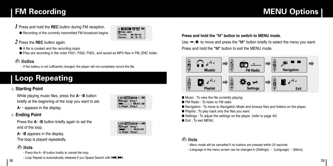 Samsung YP-C1X manual FM Recording, Loop Repeating, Menu Options, Starting Point, Ending Point 