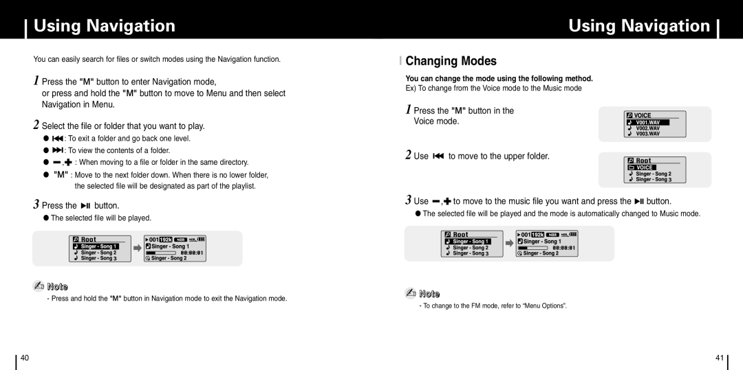 Samsung YP-C1X manual Using Navigation, Changing Modes, Ex To change from the Voice mode to the Music mode 