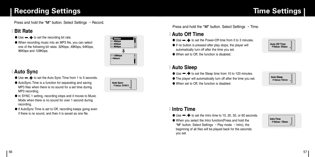 Samsung YP-C1X manual Recording Settings, Time Settings 