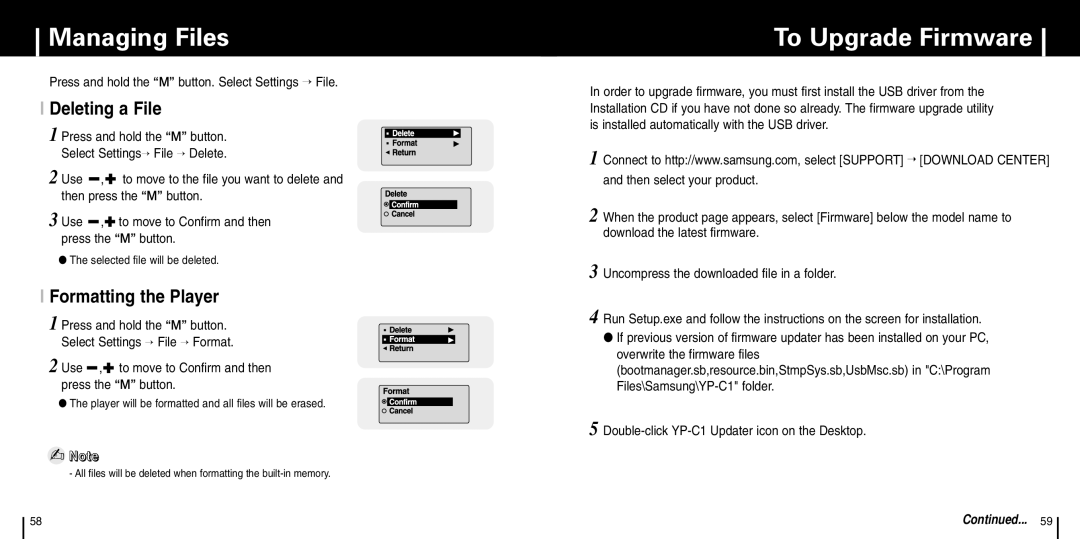 Samsung YP-C1X manual Managing Files, To Upgrade Firmware, Deleting a File, Formatting the Player 