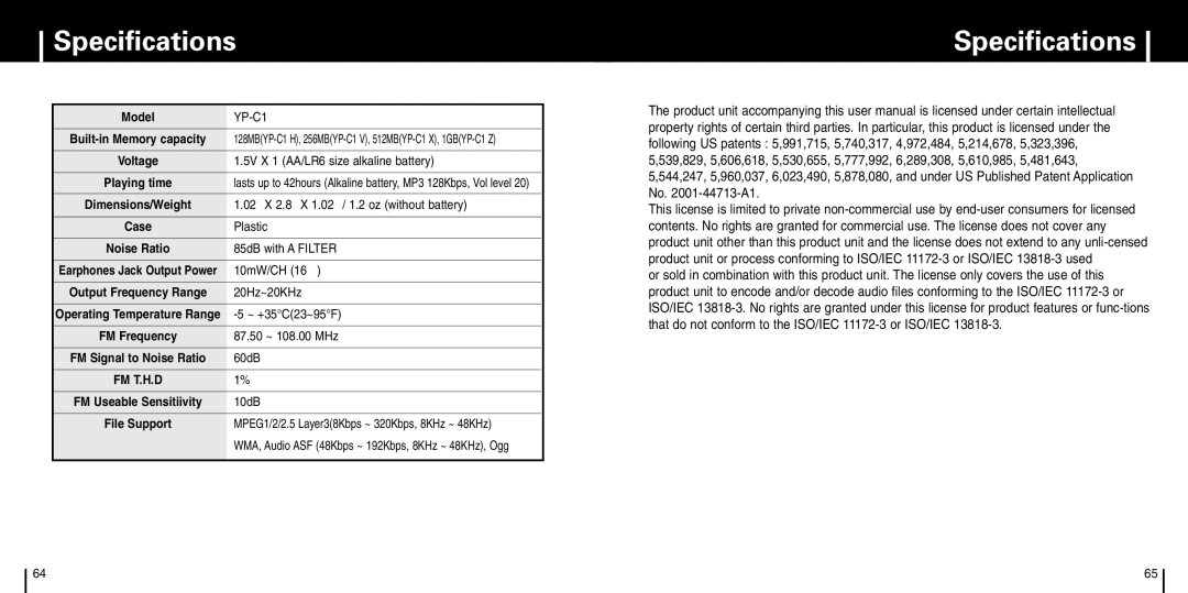 Samsung YP-C1X manual Specifications 