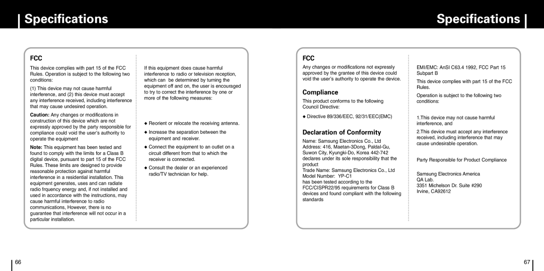 Samsung YP-C1X manual Fcc 