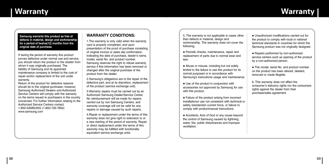 Samsung YP-C1X manual Warranty Conditions 