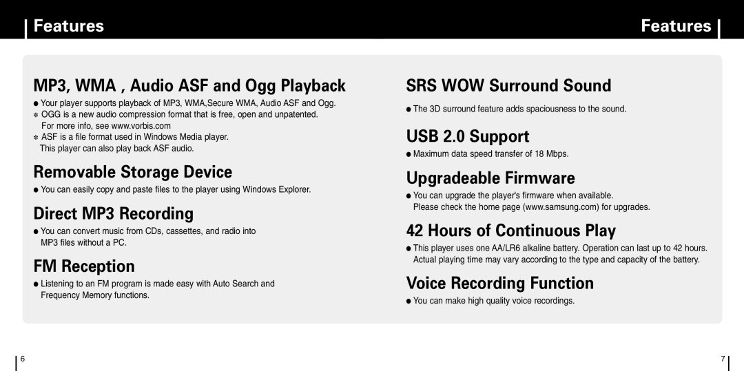 Samsung YP-C1X manual Features, 3D surround feature adds spaciousness to the sound, Maximum data speed transfer of 18 Mbps 