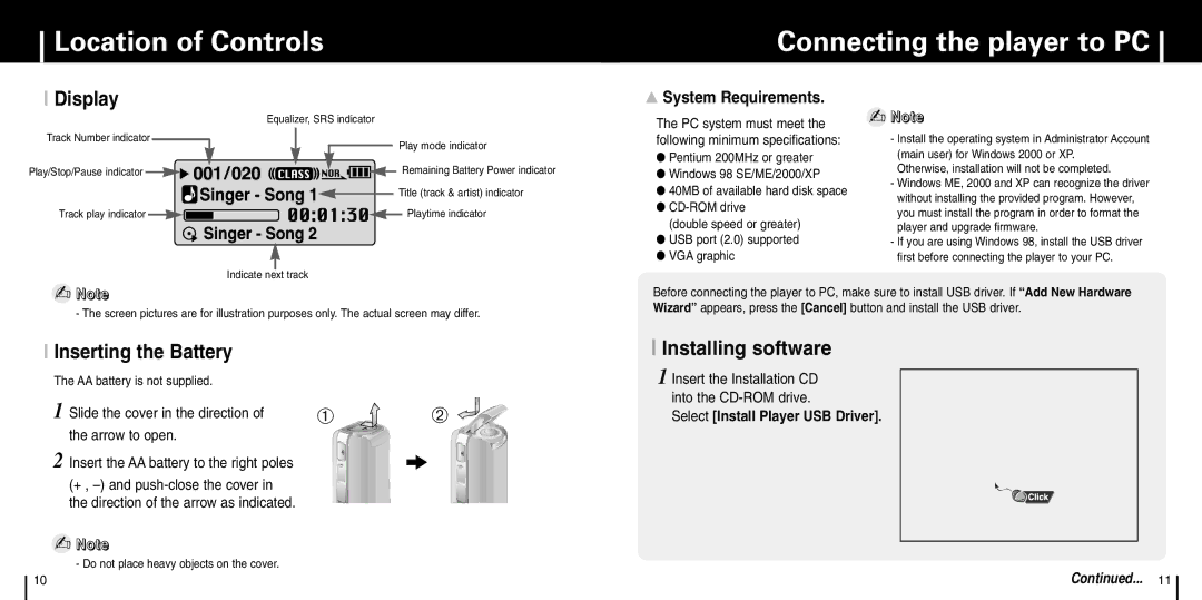 Samsung YP-C1X manual Location of Controls Connecting the player to PC, Display, Inserting the Battery, Installing software 