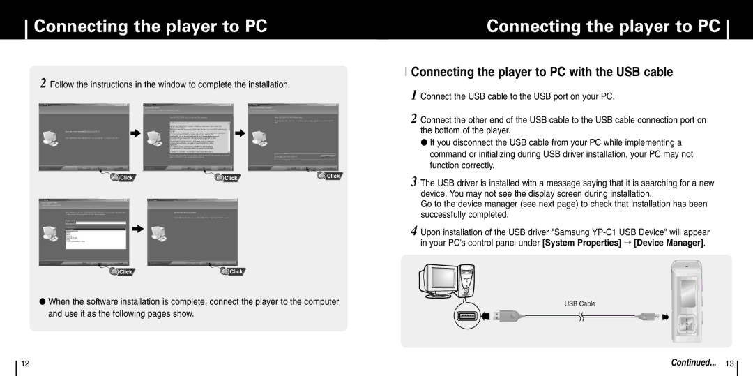 Samsung YP-C1X manual Connecting the player to PC with the USB cable 