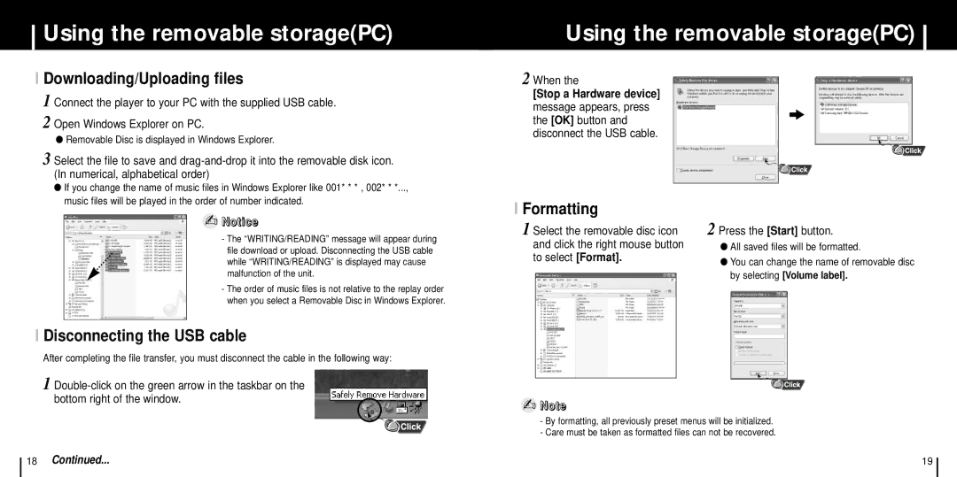 Samsung YP-C1X/ELS Using the removable storagePC, Downloading/Uploading files, Disconnecting the USB cable, Formatting 