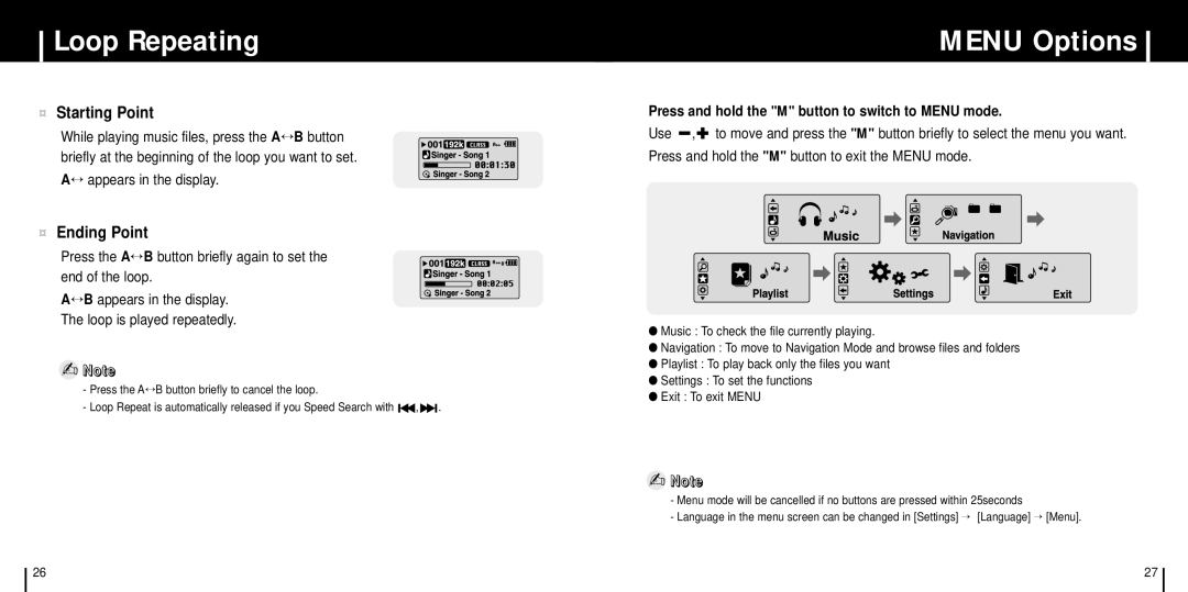 Samsung YP-C1X/ELS, YP-C1XBL/ELS, YP-C1Z/ELS, YP-C1V/ELS manual Loop Repeating, Menu Options, ¤ Starting Point, ¤ Ending Point 