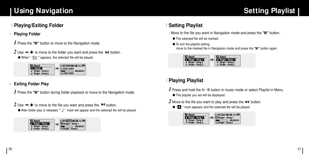 Samsung YP-C1XBL/ELS, YP-C1Z/ELS, YP-C1X/ELS, YP-C1V/ELS manual Setting Playlist, Playing/Exiting Folder, Playing Playlist 