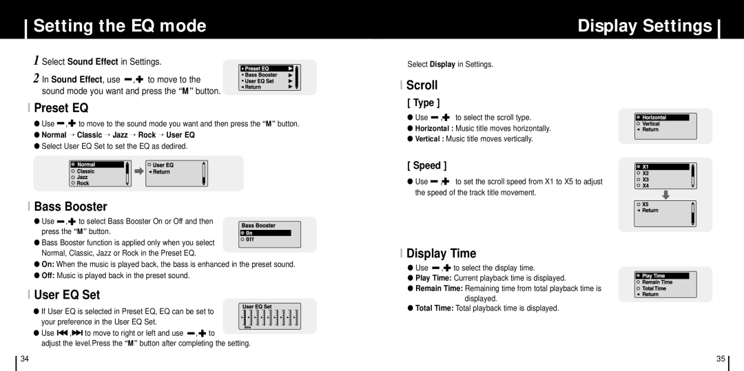 Samsung YP-C1X/ELS, YP-C1XBL/ELS, YP-C1Z/ELS, YP-C1V/ELS manual Setting the EQ mode, Display Settings 