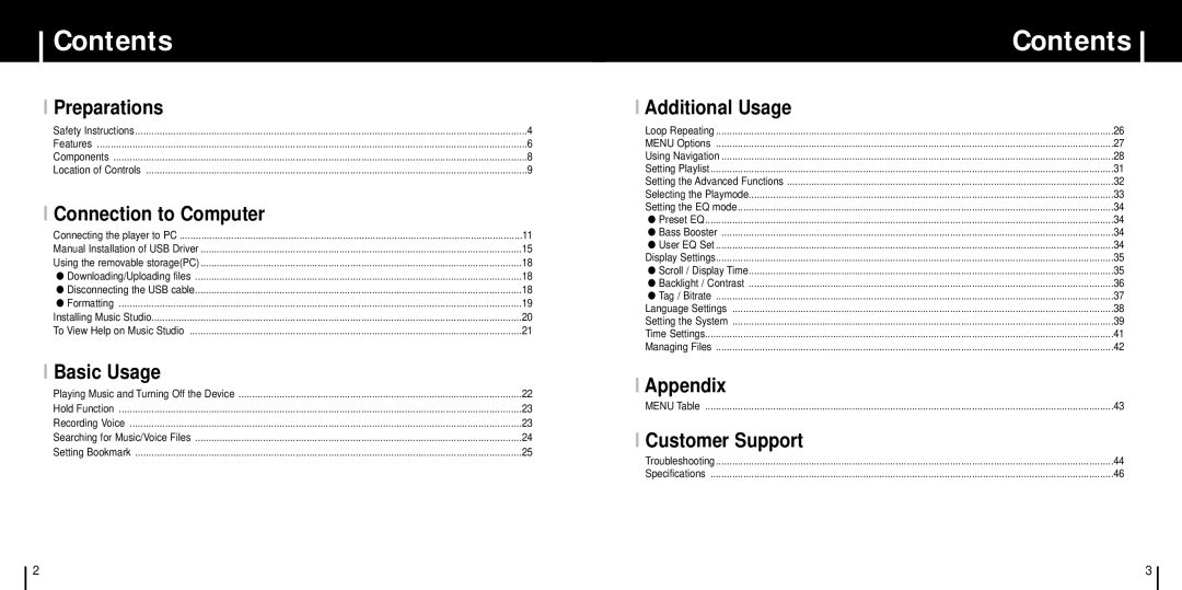 Samsung YP-C1X/ELS, YP-C1XBL/ELS, YP-C1Z/ELS, YP-C1V/ELS manual Contents 