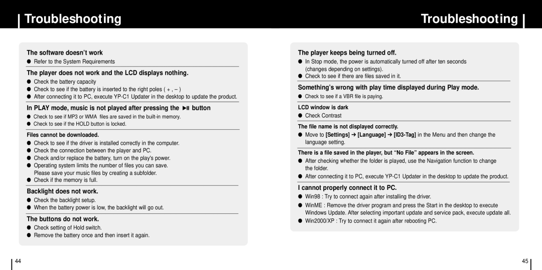 Samsung YP-C1V/ELS, YP-C1XBL/ELS, YP-C1Z/ELS, YP-C1X/ELS manual Troubleshooting 