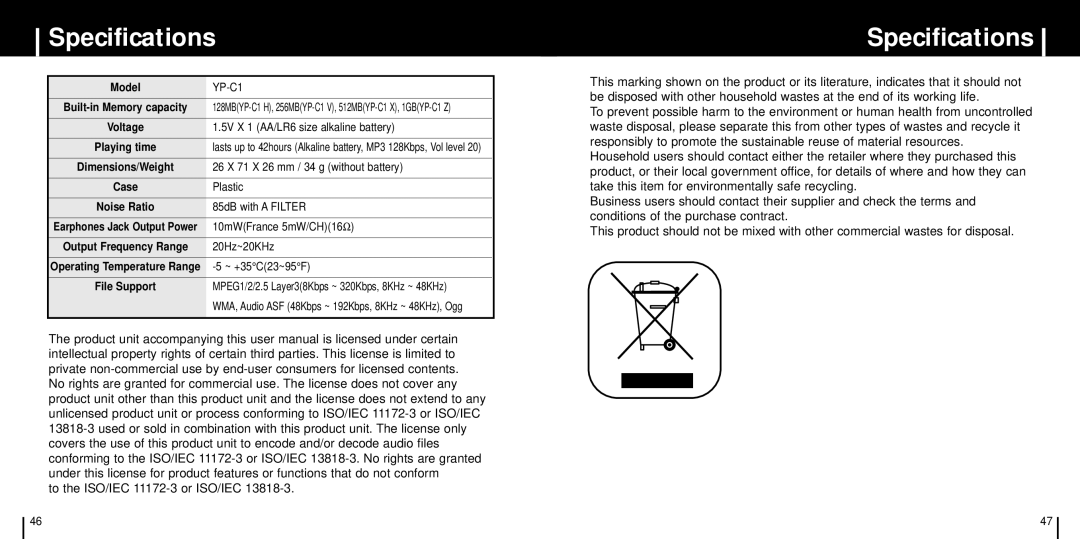 Samsung YP-C1XBL/ELS, YP-C1Z/ELS, YP-C1X/ELS, YP-C1V/ELS manual Specifications 