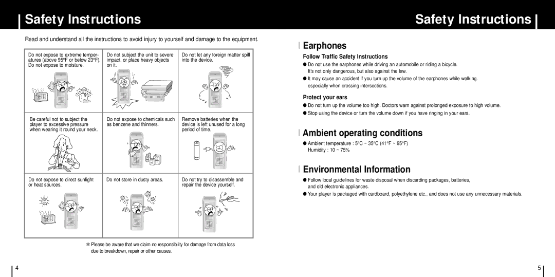 Samsung YP-C1V/ELS, YP-C1XBL/ELS Safety Instructions, Earphones, Ambient operating conditions, Environmental Information 