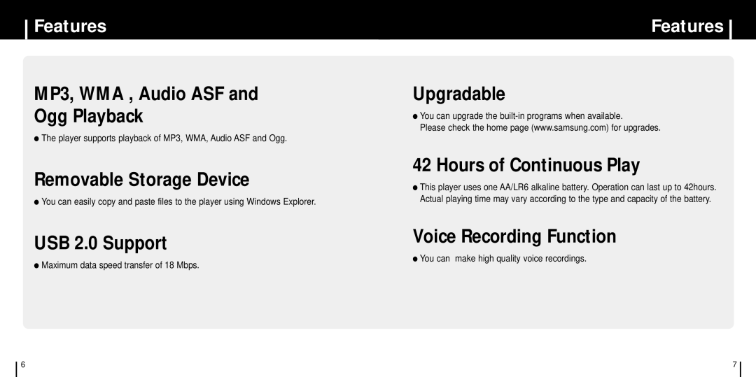 Samsung YP-C1XBL/ELS, YP-C1Z/ELS, YP-C1X/ELS, YP-C1V/ELS Features, Player supports playback of MP3, WMA, Audio ASF and Ogg 