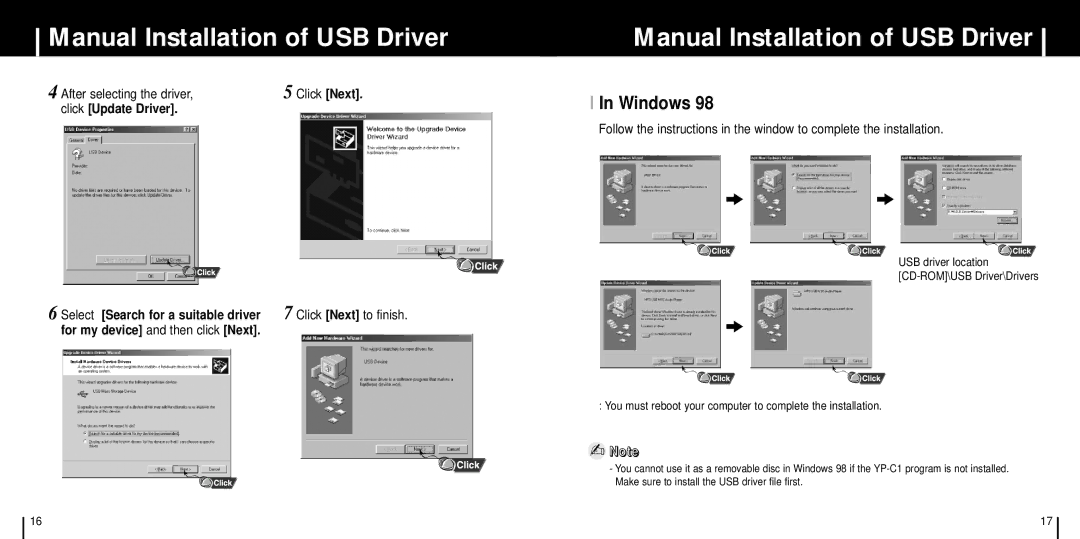 Samsung YP-C1Z/ELS, YP-C1XBL/ELS, YP-C1X/ELS, YP-C1V/ELS manual Windows, After selecting the driver, Click Update Driver 