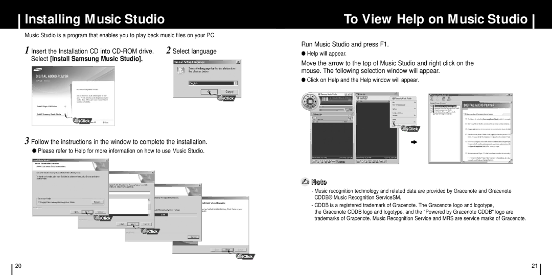 Samsung YP-C1V/ELS Installing Music Studio, To View Help on Music Studio, Run Music Studio and press F1, Help will appear 